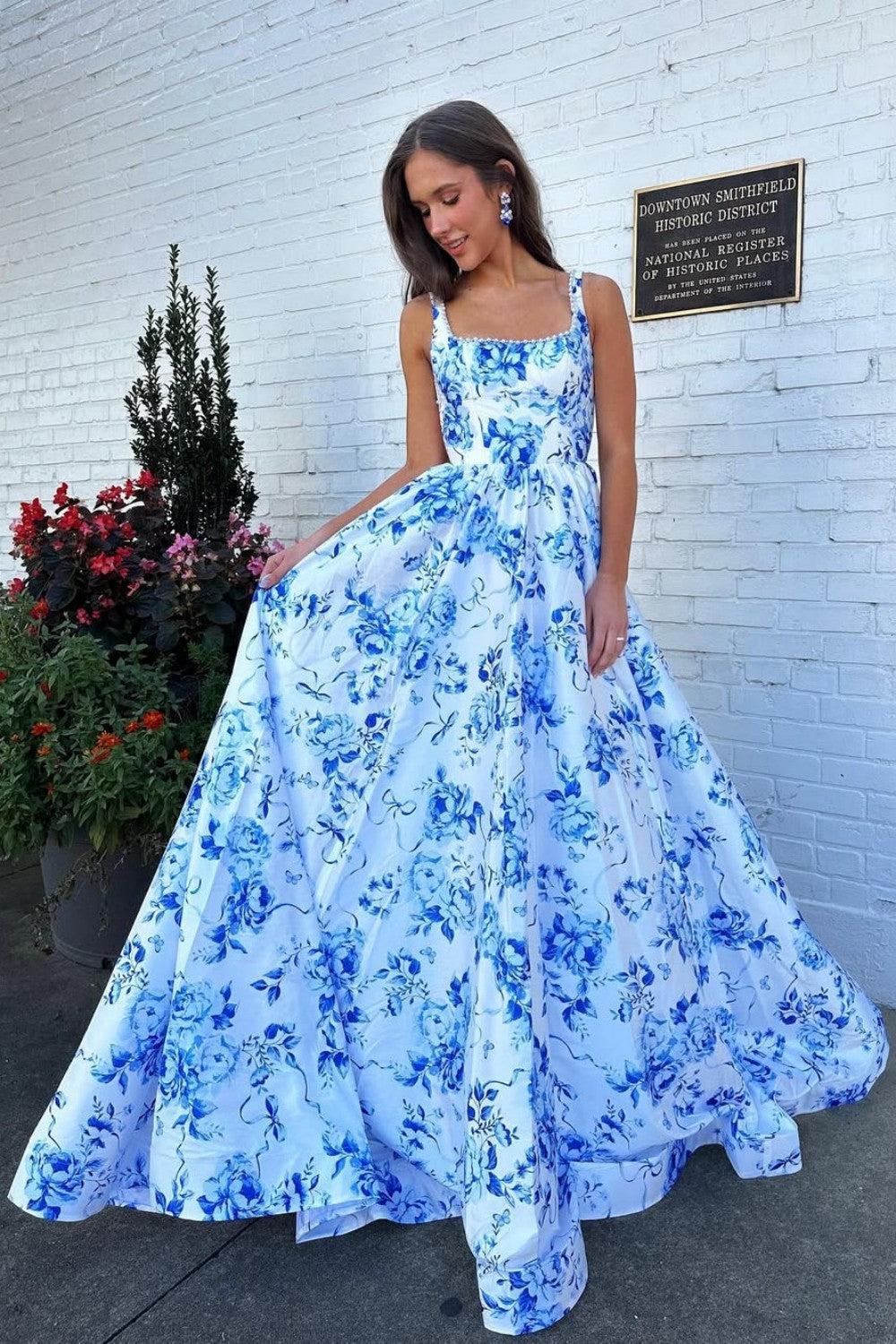 Dreamyannie Classic Blue Floral A-Line Square Neck Backless Long Prom Gown Formal Evening Gown