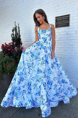 Dreamyannie Classic Blue Floral A-Line Square Neck Backless Long Prom Gown Formal Evening Gown