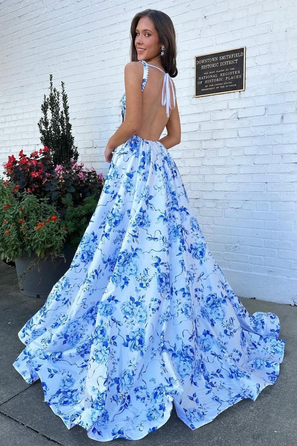 Dreamyannie Classic Blue Floral A-Line Square Neck Backless Long Prom Gown Formal Evening Gown