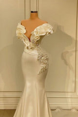 Classic Evening Dress Long Pearl Ruffle Wedding Guest Dress