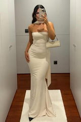 Classic Mermaid Strapless Yellow Long Prom Dress With Scarf Formal Evening Gown