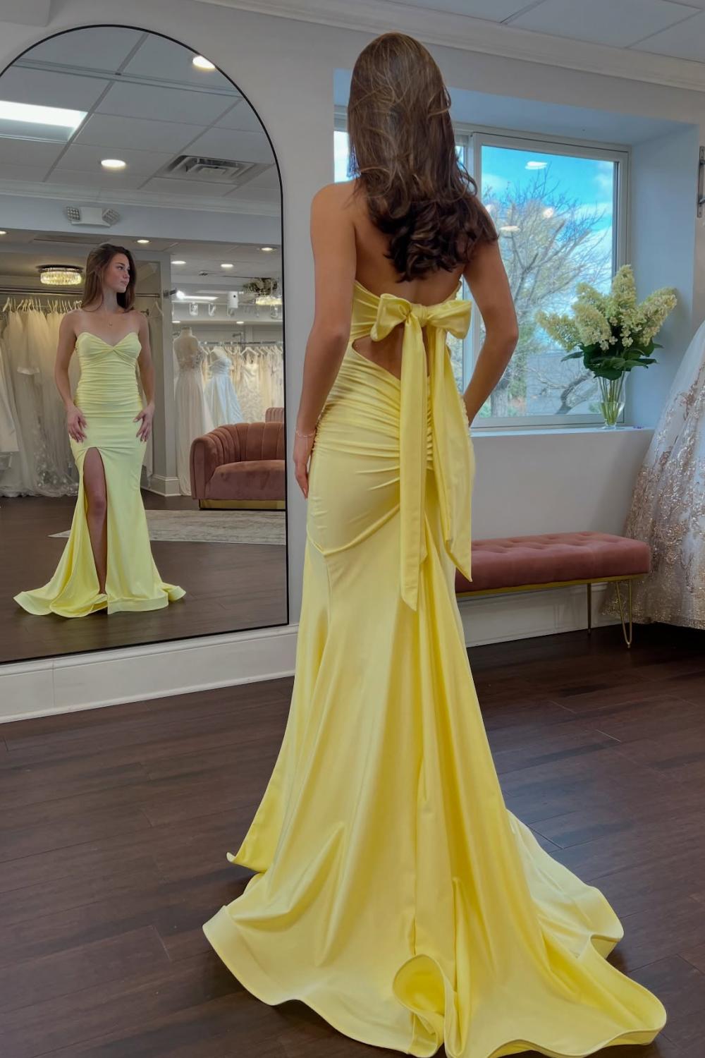 Dreamyannie Classic Mermaid Sweetheart Yellow Long Prom Dress With Split Front Open Back Formal Evening Gown