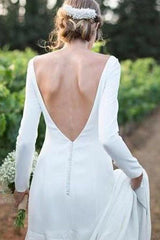 Classic White Bateau Long Sleeves Simple Beach Wedding Dress