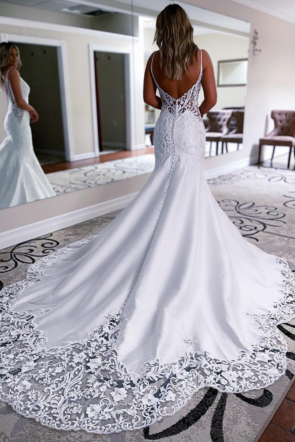 Classic White Mermaid Satin Beach Wedding Dress with Lace Detailing