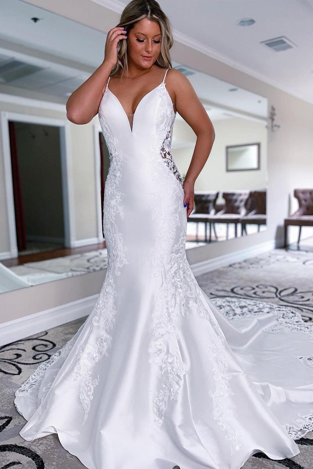 Classic White Mermaid Satin Beach Wedding Dress with Lace Detailing