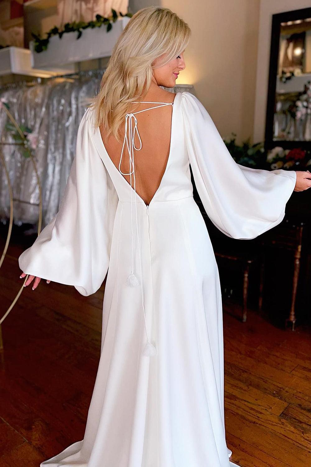 Classic White Satin Simple A-Line Long Beach Wedding Dress