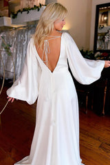 Classic White Satin Simple A-Line Long Beach Wedding Dress