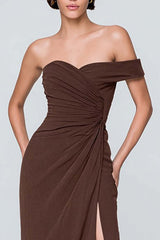 Coffee Asymmetrical Neck One Shoulder Ruched Long Prom Dress With Slit