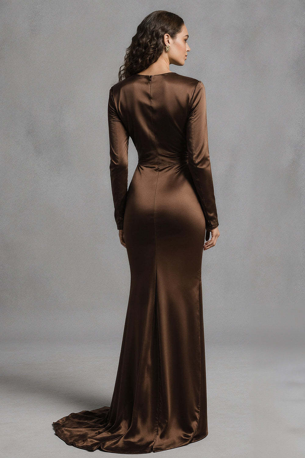 Coffee Mermaid Crew Neck Ruched Long Satin Prom Dress