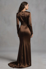 Coffee Mermaid Crew Neck Ruched Long Satin Prom Dress