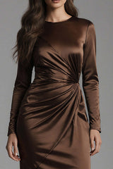 Coffee Mermaid Crew Neck Ruched Long Satin Prom Dress
