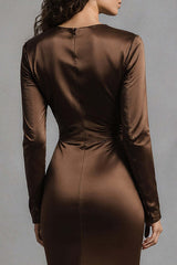Coffee Mermaid Crew Neck Ruched Long Satin Prom Dress