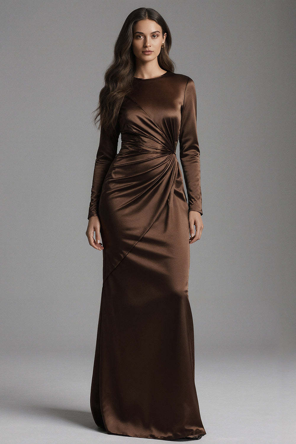 Coffee Mermaid Crew Neck Ruched Long Satin Prom Dress
