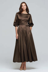 Coffee Satin Half Sleeves A-Line Long Evening Dress