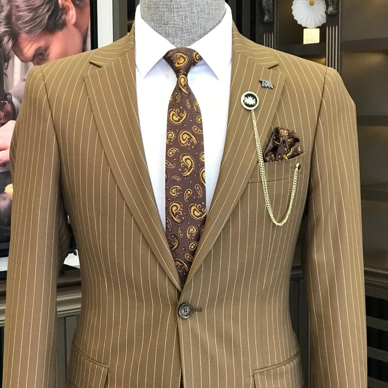 Coffee Striped Two Piece Notched Lapel Prom Suit