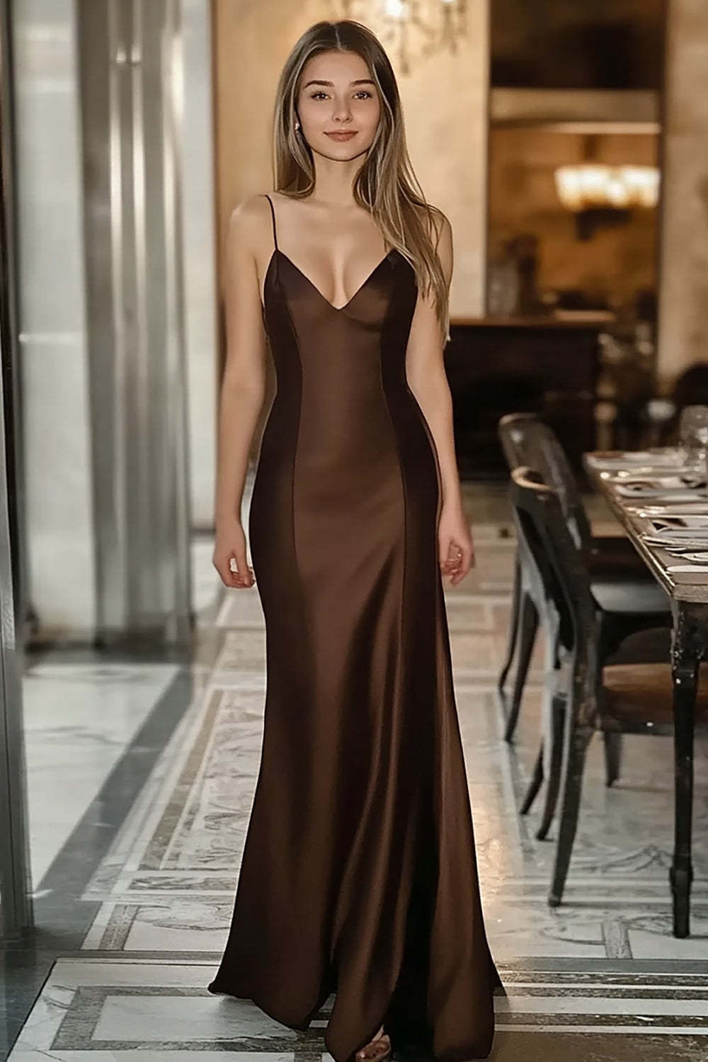 Coffee Wedding Guest Dress Satin Spaghetti Straps Mermaid Long Evening Dress