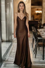 Coffee Wedding Guest Dress Satin Spaghetti Straps Mermaid Long Evening Dress