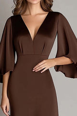 Coffee Wedding Guest Dress Satin V Neck Sheath Long Evening Dress With 3/4 Sleeves