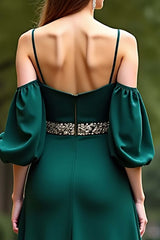 Cold Shoulder Satin Dark Green Wedding Guest Dress Long Formal Dress