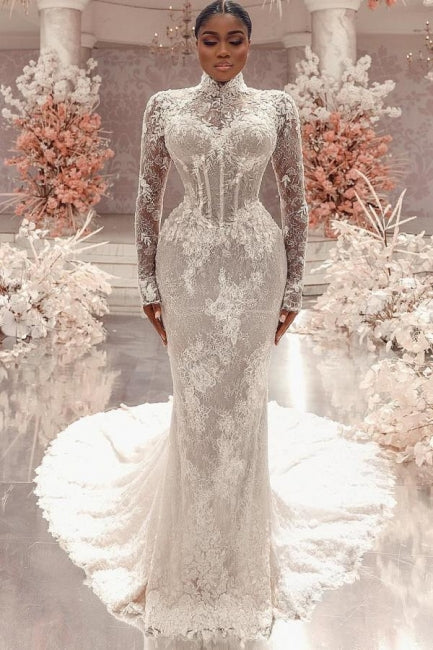 Column Lace High Neck Long Sleeve White Wedding Dress Long Bridal Gown With Appliques Train