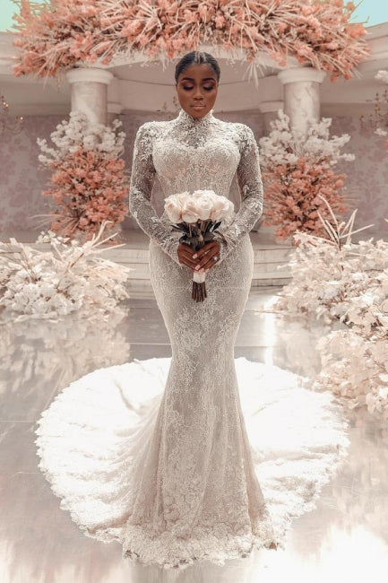 Column Lace High Neck Sleeve White Wedding Dress Bridal Gown With Appliques Train