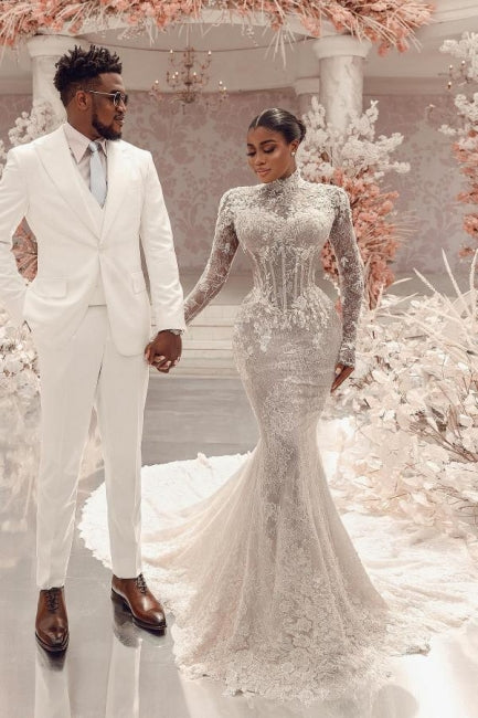 Column Lace High Neck Sleeve White Wedding Dress Bridal Gown With Appliques Train