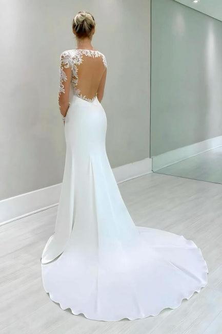 Column Satin Lace Sleeve White Wedding Dress Bridal Gown With Appliques