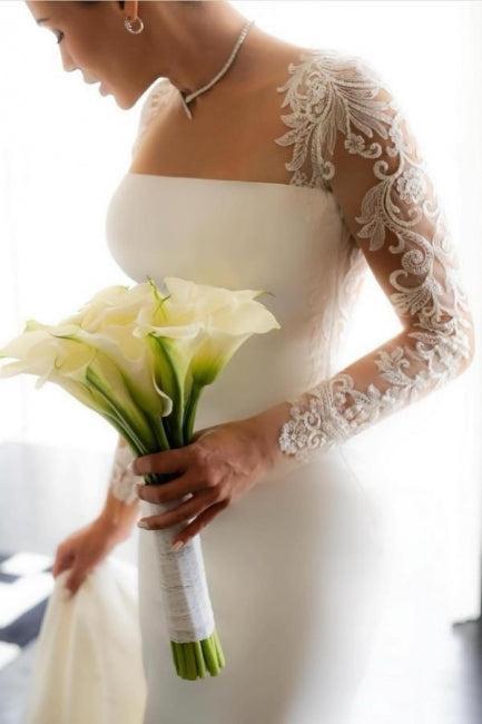 Column Satin Lace Sleeve White Wedding Dress Bridal Gown With Appliques