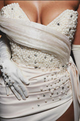 Column Satin One Shoulder Sleeveless White Wedding Dress Bridal Gown With Panel Train
