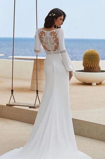 Column Satin Sleeve White Beach Wedding Dress Bridal Gown With Appliques