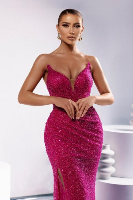 Column Sequined V Neck Sleeveless Formal Dress With Slit