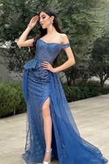 Column Tulle Lace Off The Shoulder Sleeveless Blue Prom Dress Formal Dress With Slit