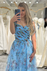 Convertible Blue Prom Dress A Line Tulle Long Evening Dress