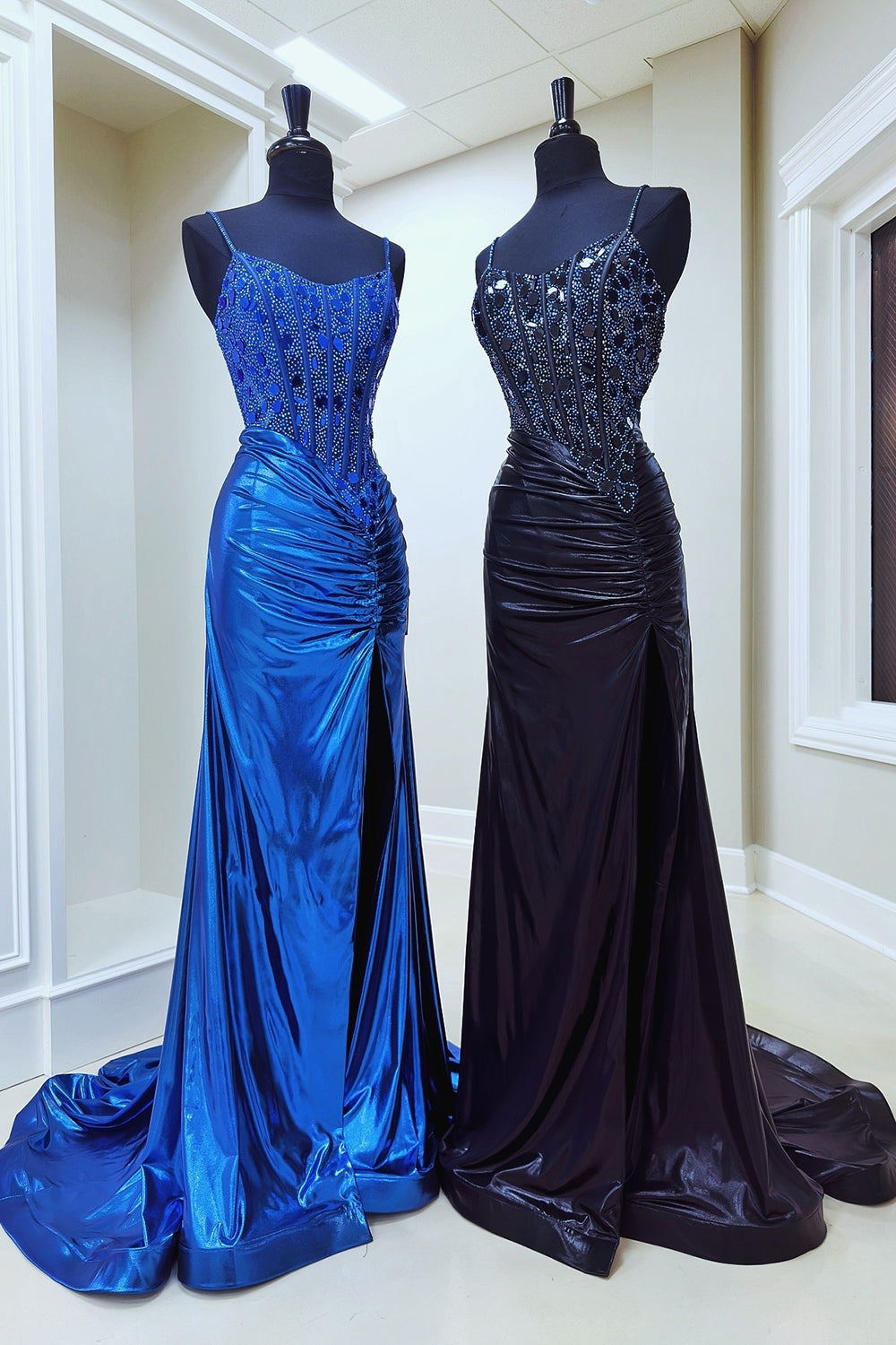 Copper Sequined Mermaid Spaghetti Straps Long Evening Dress With Slit