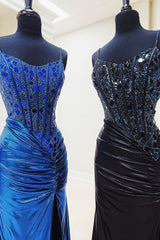 Copper Sequined Mermaid Spaghetti Straps Long Evening Dress With Slit