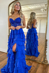 Coral Prom Dress A Line Tiered Chiffon Long Evening Dress with Lace
