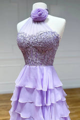 Coral Prom Dress A Line Tiered Chiffon Long Evening Dress with Lace