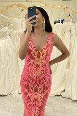Coral Prom Dress Mermaid Backless Long Evening Dress With Sequined Appliques