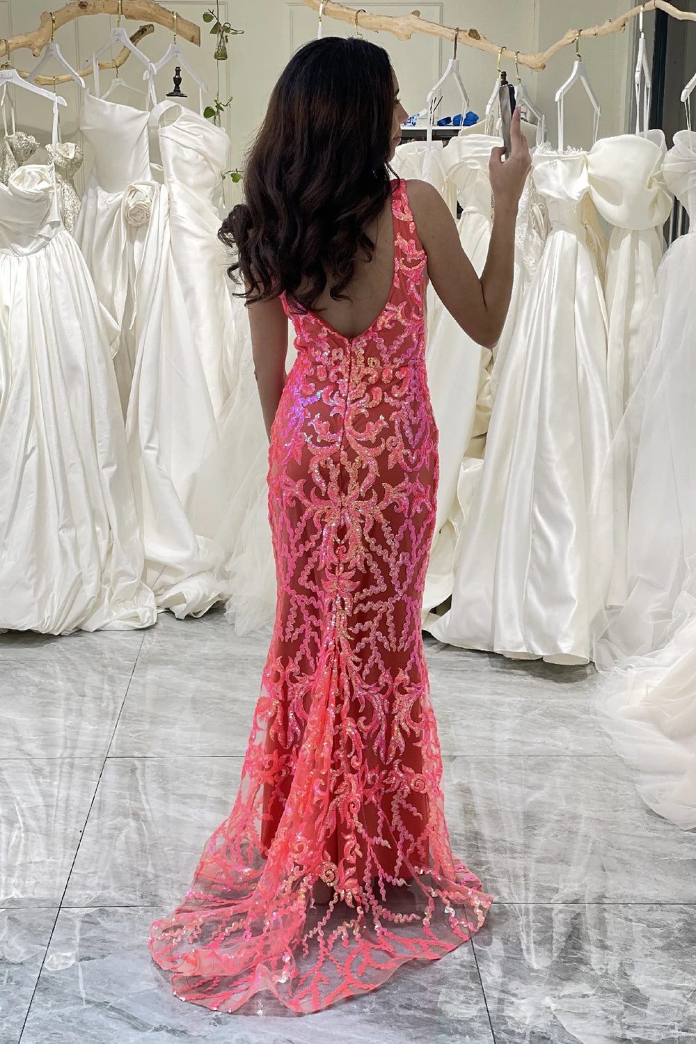 Coral Prom Dress Mermaid Backless Long Evening Dress With Sequined Appliques