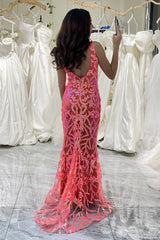 Coral Prom Dress Mermaid Backless Long Evening Dress With Sequined Appliques