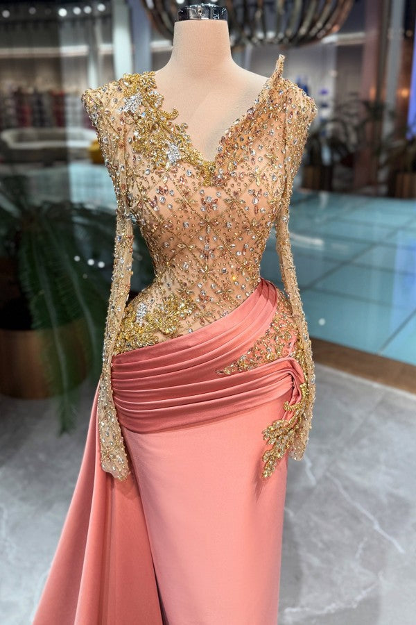 Coral Satin Prom Dress with Beaded Long Sleeves and Draped Train