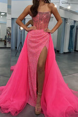 Coral Sheath/Column Strapless Sequin Prom Dress with Panel Train