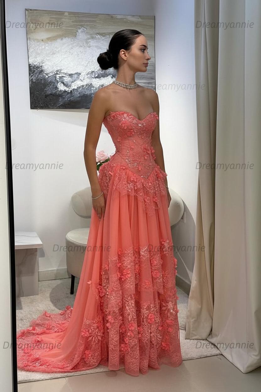 Yellow Lace A Line Prom Dress Sweetheart Lace Appliqued Formal Evening Dress with 3D Flowers