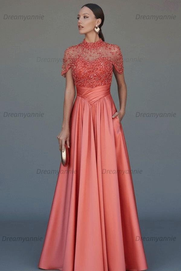 Green A Line Prom Dress Short Sleeve High Neck Beaded Evening Dress