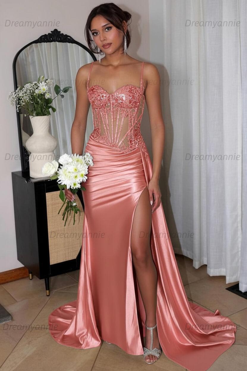 Corset Sequined Prom Dress Satin Appliqued Long Formal Dress With Slit