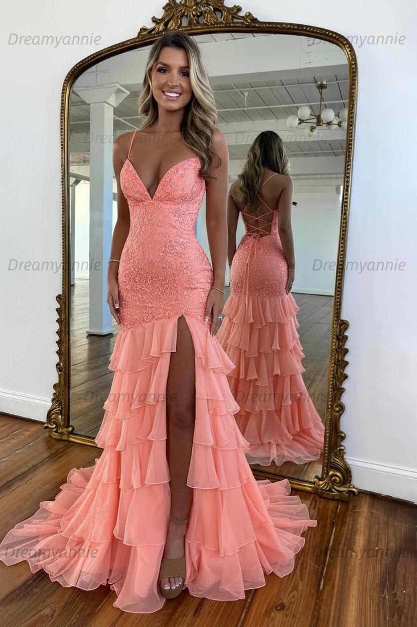 Charming Mermaid Spaghetti Straps Lace Up Long Prom Dress With Ruffle Skirt Formal Evening Gown