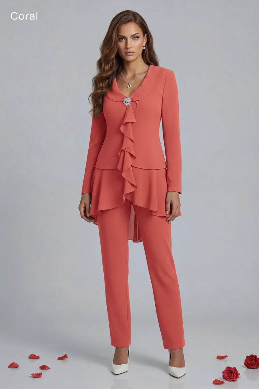 Dreamyannie Navy V Neck Ruffled Chiffon 2 Piece Mother Of The Bride Pant Suits With Sleeves
