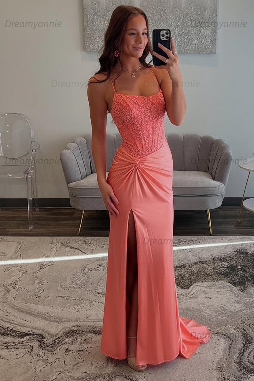 Dreamyannie Red Prom Dress Spaghetti Straps Ruhed Long Lace Formal Dress With Appliques