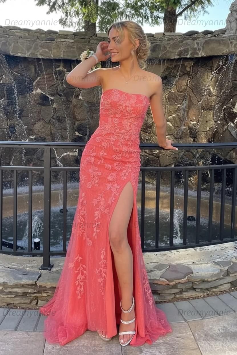 Pink Prom Dress Strapless Lace Long Evening Dress with Slit