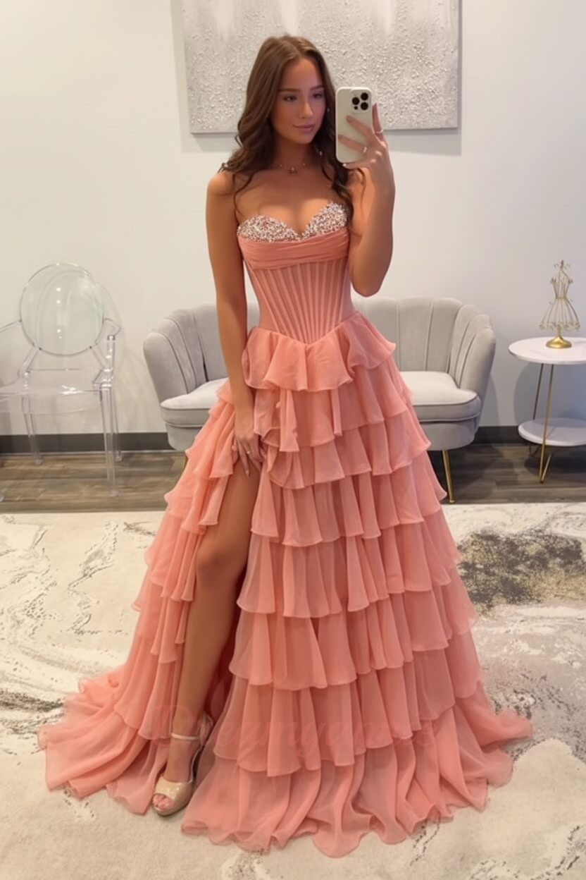 Dreamyannie Ruffled Black Prom Dress A Line Corset Long Formal Dress With Beadings